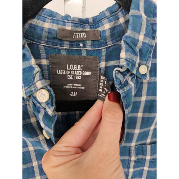 H&M L.O.G.G Men's Blue Fitted Button Down Collared Check Full Sleeve Shirt Sz S - Picture 3 of 5